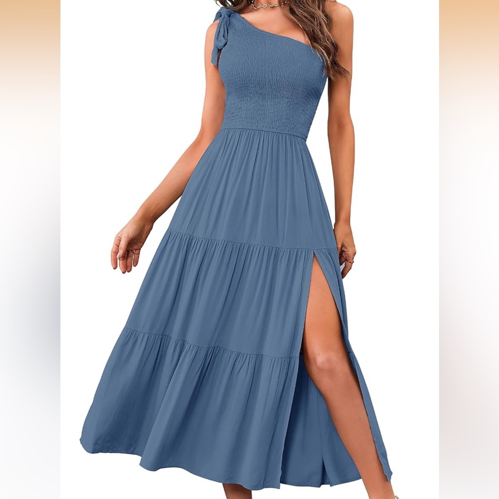 One-Shoulder Smocked Maxi Dress with Side Slit — Blue